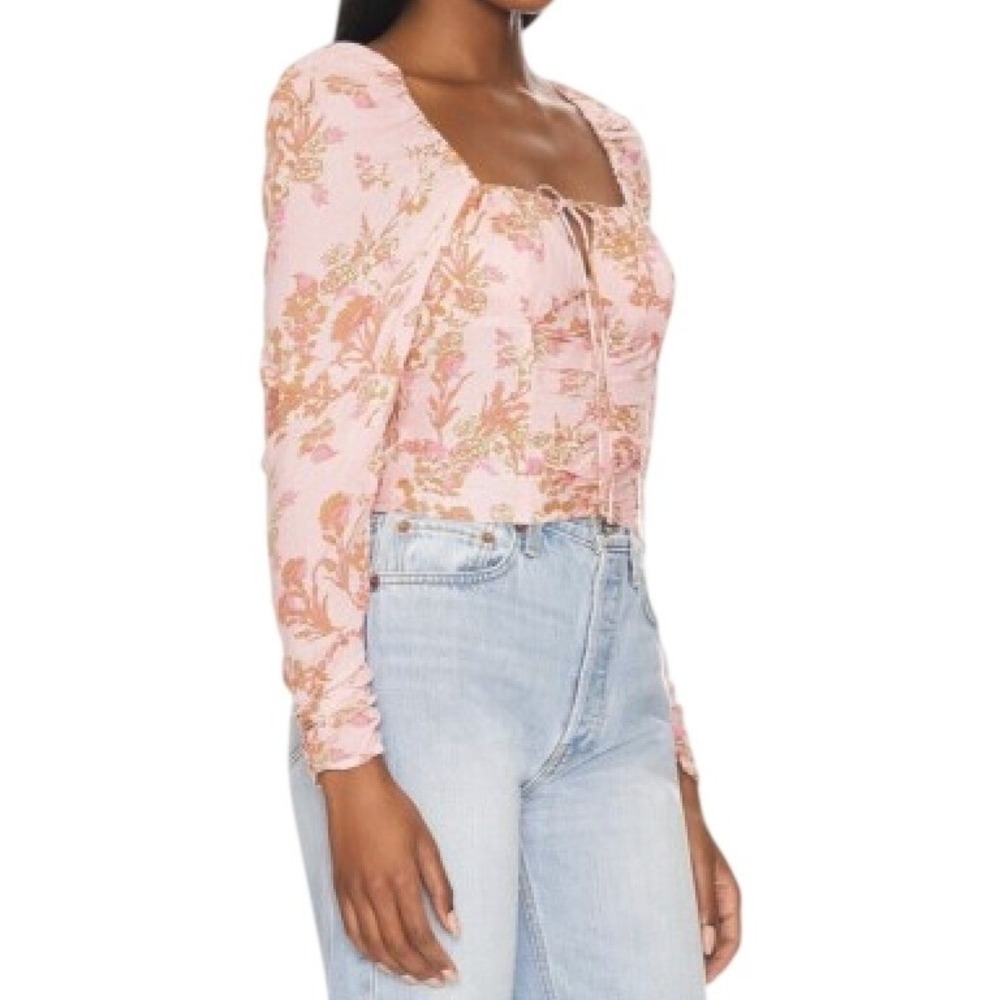 Free People Pink Floral Ruched Long Sleeve Tie Front Smocked Crop Top XS
